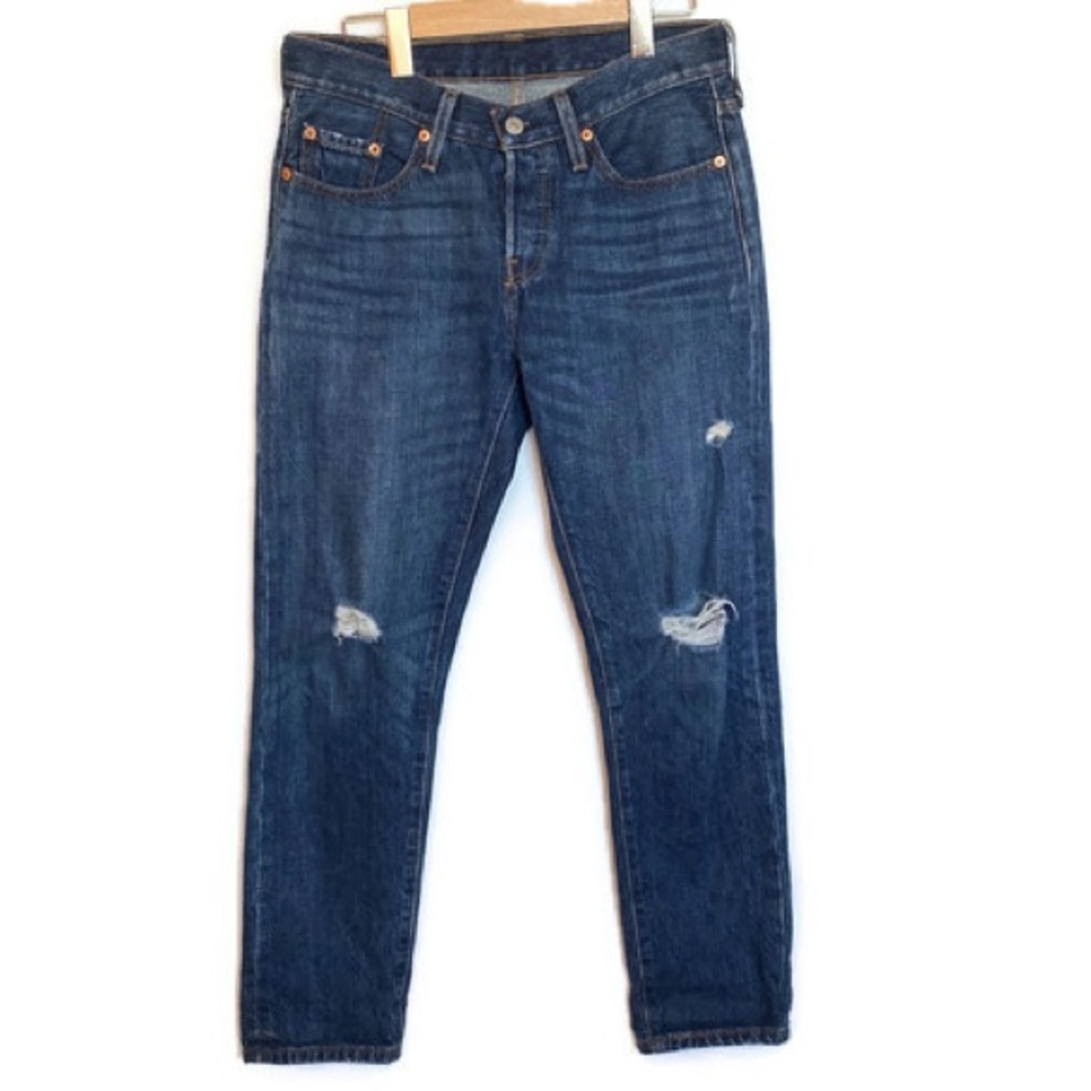 Levi's 501 Taper Button Fly Destructed Dark Wash Sz 29 EUC